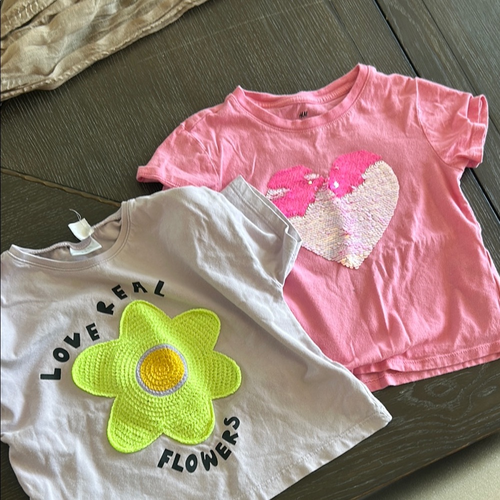 Pink and White Short Sleeve Tees with Heart and Flower Designs